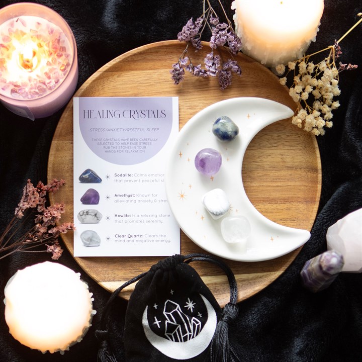 Stress Relief Crystal Gift Set | Healing Crystals with Moon Trinket Dish