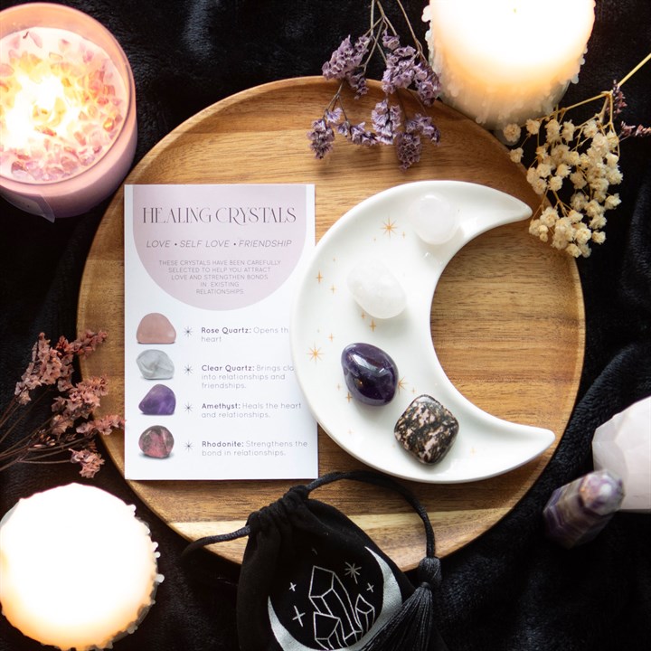 Love Healing Crystal Gift Set | Rose Quartz Crystals with Moon Dish
