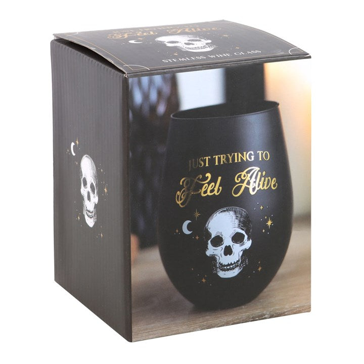 Trying to Feel Alive Skeleton Wine Glass | Gothic Black & Gold Stemless Wine Glass