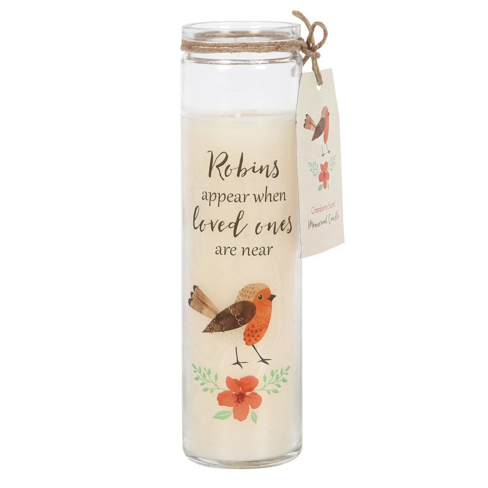 Robins Appear Cranberry Memorial Candle | Robin Sympathy Tube Candle