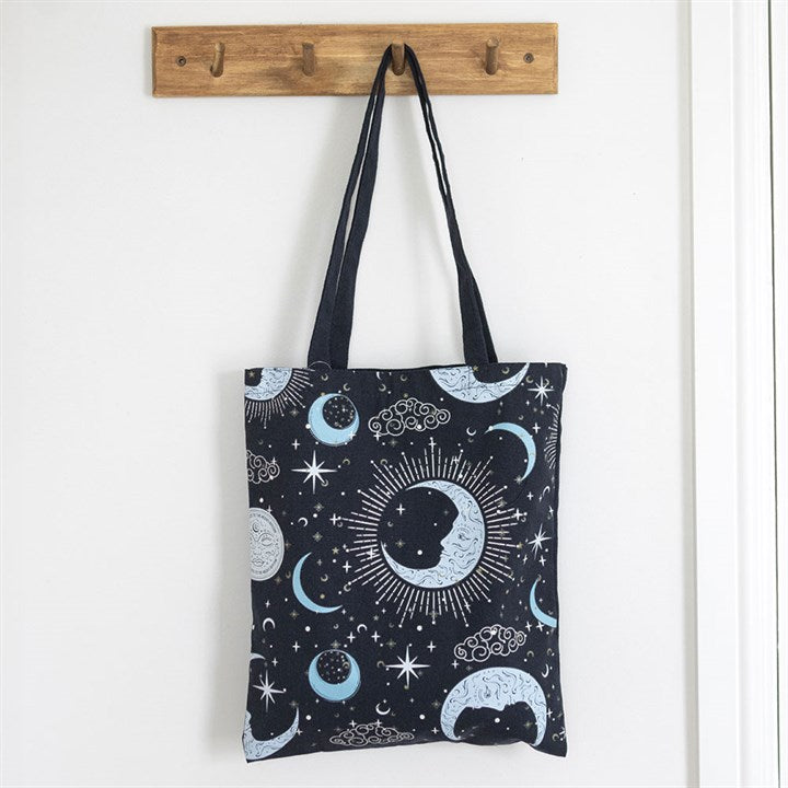 Blue Moon Print Tote Bag | Celestial Moon Canvas Shopping Bag