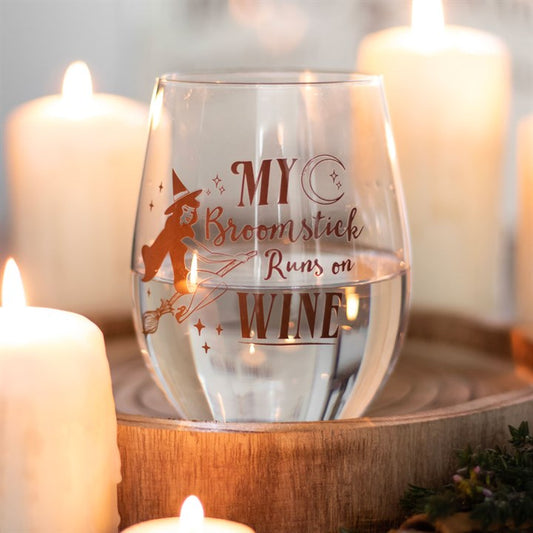 My Broomstick Runs on Wine Stemless Wine Glass | Witchy Wine Glass (500ml)