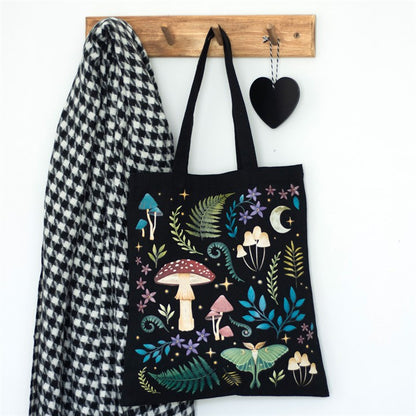 Dark Forest Tote Bag | Mystical Mushroom & Luna Moth Canvas Shopping Bag