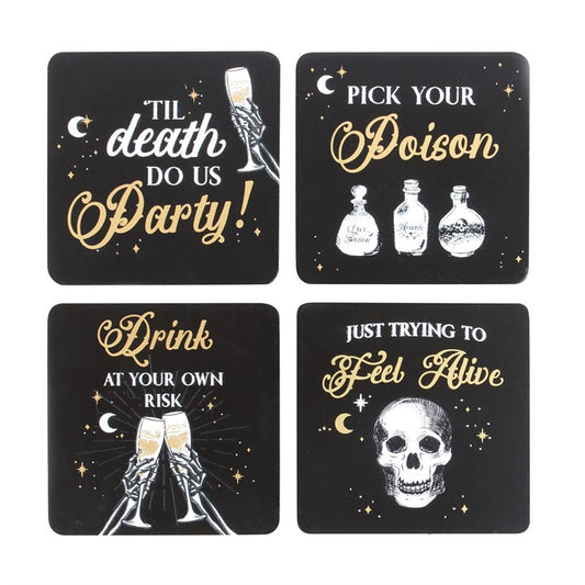 Til Death Do Us Party Skeleton Coaster Set | Gothic Black & Gold Drink Coasters (Set of 4)