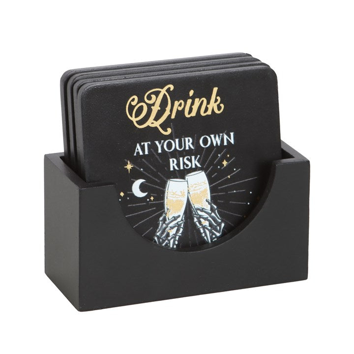 Til Death Do Us Party Skeleton Coaster Set | Gothic Black & Gold Drink Coasters (Set of 4)