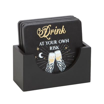 Til Death Do Us Party Skeleton Coaster Set | Gothic Black & Gold Drink Coasters (Set of 4)
