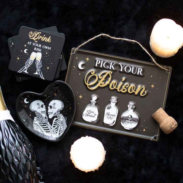 Til Death Do Us Party Skeleton Coaster Set | Gothic Black & Gold Drink Coasters (Set of 4)