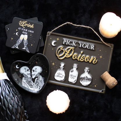 Til Death Do Us Party Skeleton Coaster Set | Gothic Black & Gold Drink Coasters (Set of 4)