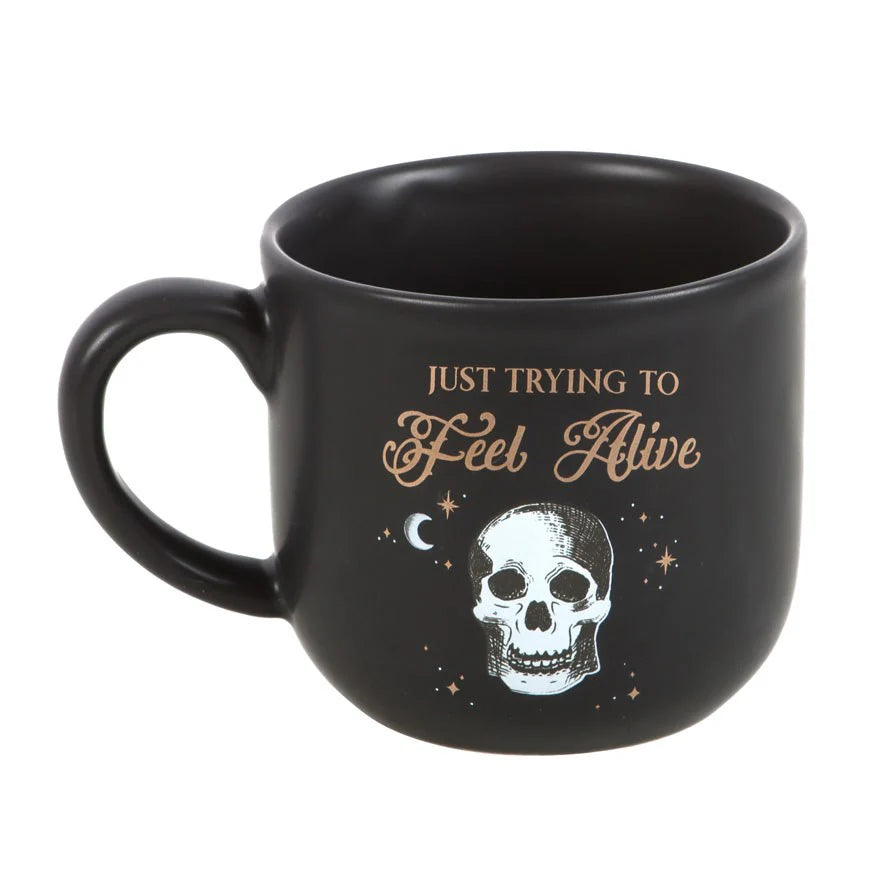Just Trying to Feel Alive Skull Mug | Gothic Skeleton Coffee Mug (12oz)