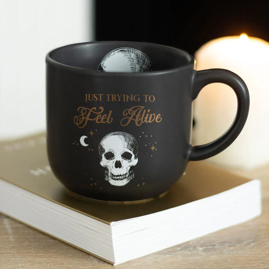 Just Trying to Feel Alive Skull Mug | Gothic Skeleton Coffee Mug (12oz)