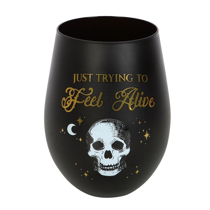 Trying to Feel Alive Skeleton Wine Glass | Gothic Black & Gold Stemless Wine Glass