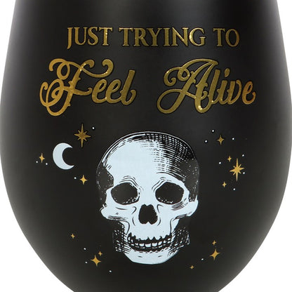Trying to Feel Alive Skeleton Wine Glass | Gothic Black & Gold Stemless Wine Glass