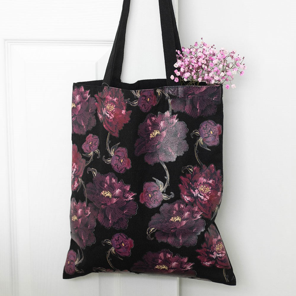 Dark Romance Floral Print Tote Bag | Gothic Flowery Canvas Shopping Bag