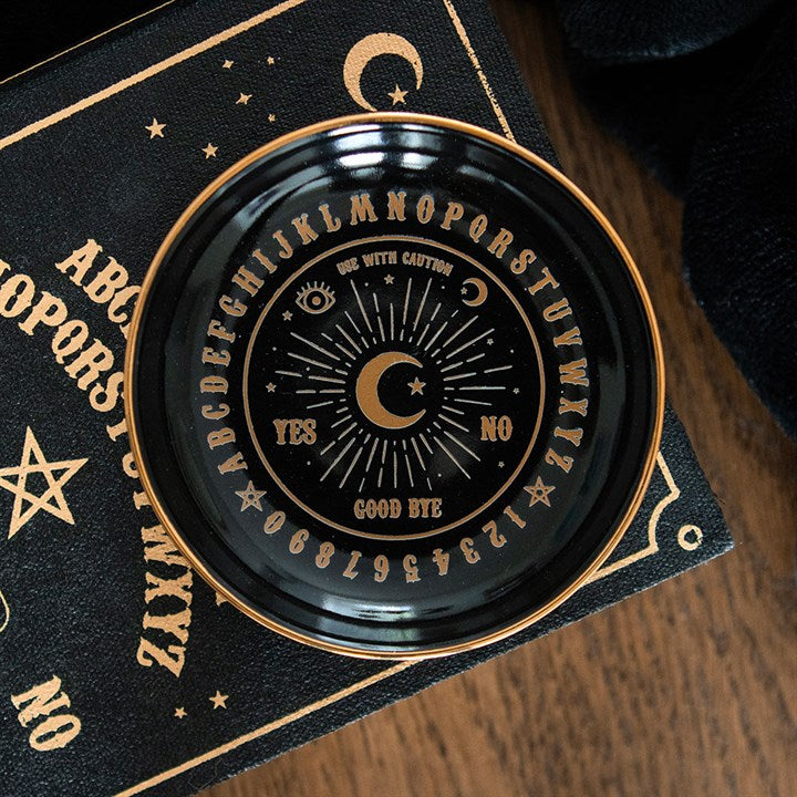 Round Black Talking Board Trinket Dish |  Gothic Homeware Spirits Black and gold ceramic dish
