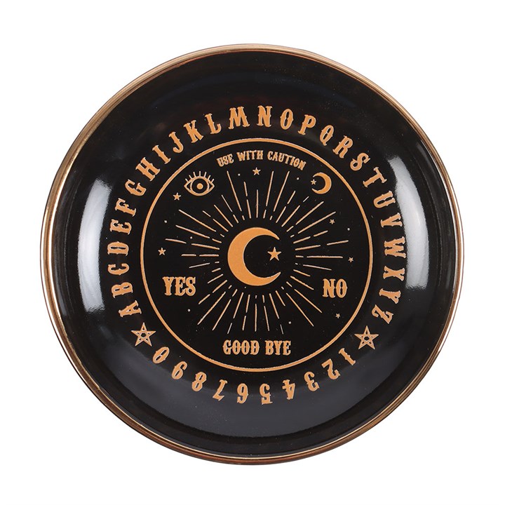 Round Black Talking Board Trinket Dish |  Gothic Homeware Spirits Black and gold ceramic dish