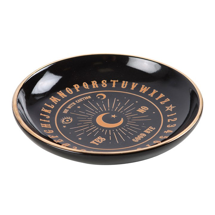 Round Black Talking Board Trinket Dish |  Gothic Homeware Spirits Black and gold ceramic dish